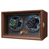 Boîte à remontoir de montres double de luxe, boîtier rotatif automatique pour montres, finition grain de noyer noir avec lumière LED bleue, moteur silencieux