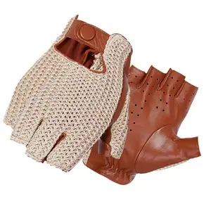 Half Finger Fingerless Mens Driving Gloves Brown Crochet Gloves Cognac Goat Nappa Leather Gloves
