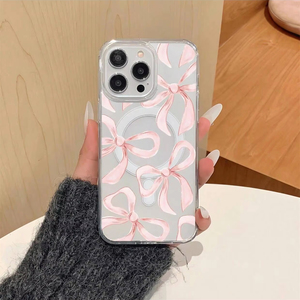 Custodia per telefono alla moda <span class=keywords><strong>rosa</strong></span> con fiocco per <span class=keywords><strong>iPhone</strong></span> 16 Plus 15 17 Pro Max 14 <span class=keywords><strong>13</strong></span> 12, cover posteriore magnetica trasparente IMD - Product Image 1