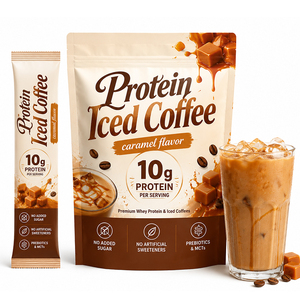 Café Instantáneo Alto en Proteínas con Proteína <span class=keywords><strong>de</strong></span> Suero, Aceite MCT y Prebióticos - Café Helado con Proteínas Sabor Caramelo, Bebida Energética Sin Azúcar - Product Image 1