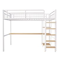 Modernes Metall-Hochbett 90x200cm Multifunktional mit Schreibtisch und Regalen Weiß (ohne Matratze) für Schlafzimmer & Schulgebrauch