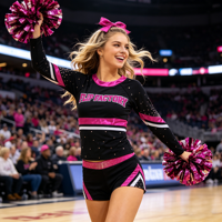 Tenue de cheerleading Barbiecore noire et rose vif avec strass, col rond, manches longues, tenue de compétition scintillante pour adolescentes
