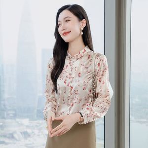 Elegante camisa de manga larga de seda estampada para mujer Primavera Nueva camisa tejida de moda Patrones florales Botón de estilo de dama de oficina - Product Image 3