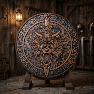 Bouclier Viking usé par le combat, décoration murale, loup Fenrir sculpté en bois - Product Image 6