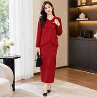 Ensemble jupe deux pièces en tricot rouge pour femme, col en V, style chinois, boutons grenouille, pull en laine, jupe crayon mi-longue