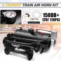 Kit de klaxon pneumatique à 4 trompettes pour camion, train, quad, noir, 170 PSI, 12V, compresseur 3 litres et boîtier 150 dB
