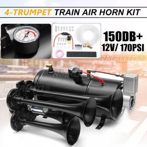 Truck <b>Train</b> Quad 4 Trumpet Air Horn <b>Kit</b> Black 170 PSI 12V 3Liters Compressor & House 150db - Product Image 1
