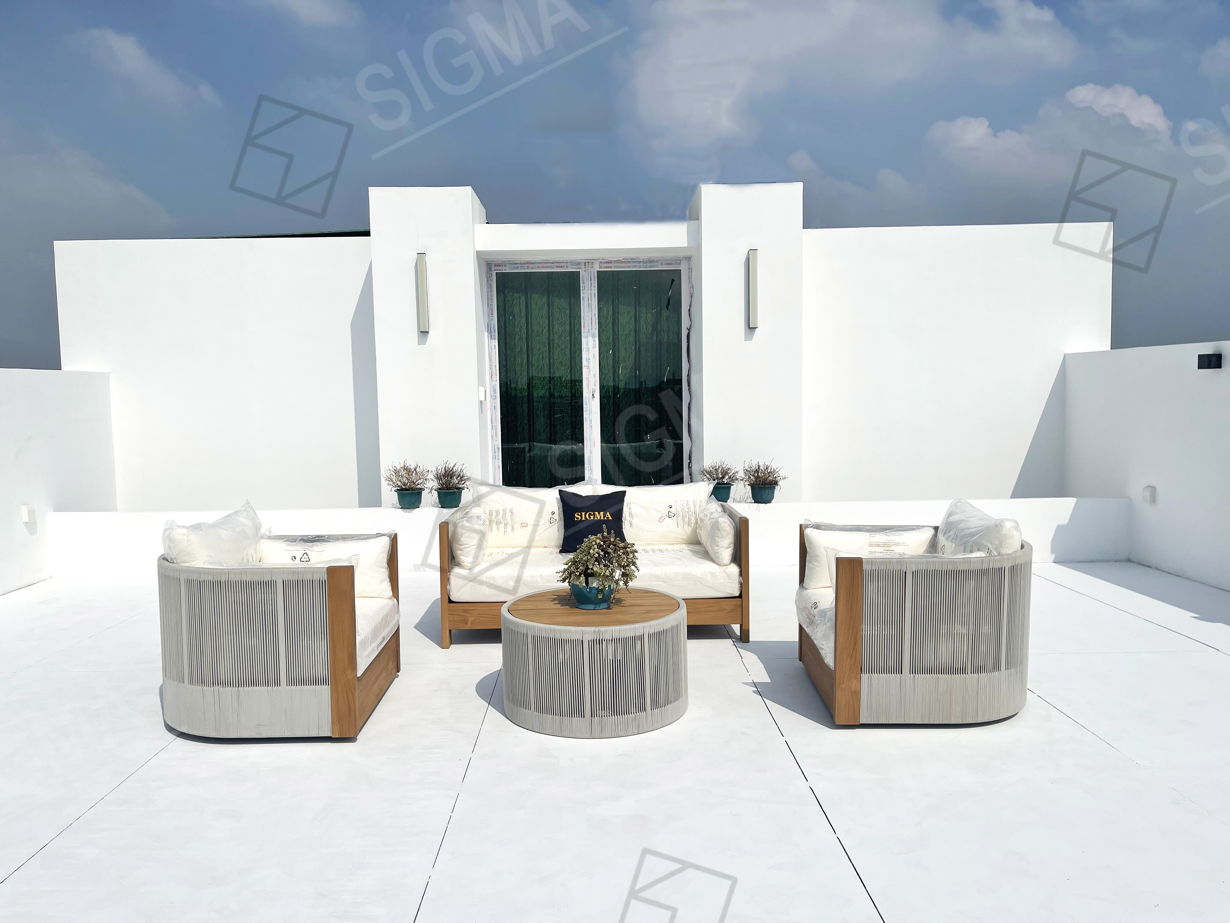 Modern New Design Luxury Outdoor Furniture Set Teak Wood Frame Comfortable All Weather Rope Garden Single Sofa