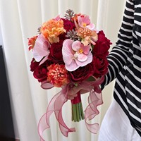 Buket Pengantin Buatan Warna Merah Anggur, Buket Tangan Pernikahan, Buket Bunga Sutra untuk Pengantin Wanita untuk Upacara Pernikahan & Pemotretan
