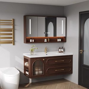 French Vintage Oak Bathroom Vanity with Smart Mirror & Ceramic Basin – Elegant Wall-Mounted Storage for Modern Bathrooms - Product Image 4
