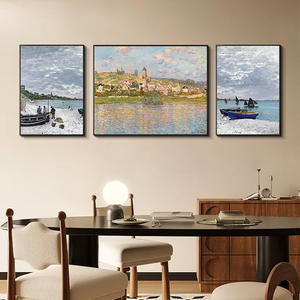 Pintura Impresionista Vintage de 3 Paneles con Marco de Porcelana de Cristal, Paisaje de Monet <span class=keywords><strong>Riverside</strong></span> Village, Pintura Mural para Decoración del Hogar - Product Image 1