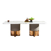 Table à manger moderne minimaliste en marbre avec revêtement en cuir cannelé et base en acier, mobilier de salle à manger haut de gamme pour la maison, l'hôtel et la villa