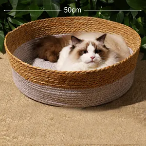 Popular handwoven wicker rattan seagrass pet bed baskets for dogs and cats seagrass pet house best price pet toys storage boxes