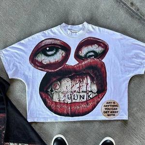 T-shirt personnalisé pour homme, style Y2K, hip-hop, motif de dessin animé avec de grands yeux et une bouche, imprimé, respirant, surdimensionné, manches courtes, pur coton, 220g - Product Image 1