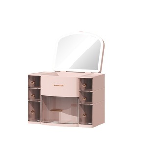 Cosmetic <b>Storage</b> Box With <b>Mirror</b> And Light Desktop Drawer Style Dustproof Shelf For Skincare And Makeup - Product Image 4