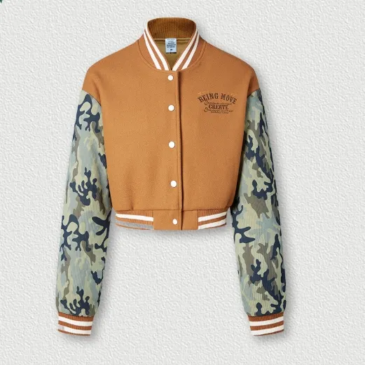 メーカーカスタムロゴ特大ガールプリントコート卸売刺繍クロップオレンジバーシティジャケット