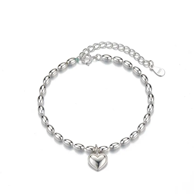 2022 Sweet Design S925 Sterling Silver Heart Bracelet Silver Seed Beaded Love Heart Charm Bracelet