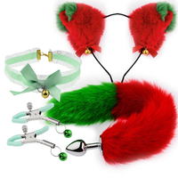 Nouvel ensemble de bondage cosplay Ninghao : serre-tête oreilles de chat en peluche rouge et vert, queue moelleuse, collier ras-du-cou en dentelle avec fermoir métallique, pinces – Jouets sexuels pour adultes