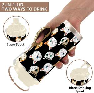 Schattige Kattengezichten Geïsoleerd Roestvrijstalen Tuimelaar Cilindrisch Koffiekopje Met Deksel Trekken & Riem Handvat Reisdrinkwaren Voorraad - Product Image 5