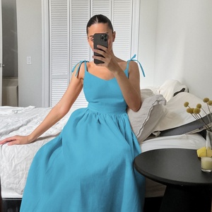 Nuovo <span class=keywords><strong>Abito</strong></span> Estivo da <span class=keywords><strong>Donna</strong></span> a Tinta Unita con Scollo a V in Cotone e <span class=keywords><strong>Lino</strong></span> Francese Traspirante con Bretelle e Vita Alta - Product Image 6