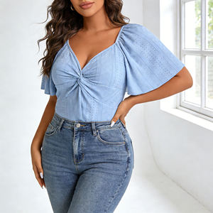 Blusa Peplum Azul Claro Personalizable con Ojales, Cuello en V, Frente Cruzado, Manga Corta Regular, Dulce, Transpirable, Moderna y Elegante para Mujer - Product Image 6