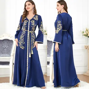 Top Quality New V-neck navy cross-border long-sleeved European and American foreign trade dress Women Dubai Abaya