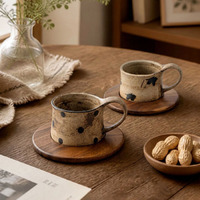 Ensemble tasse et soucoupe en céramique faite à la main, motif pois, style vintage, pour petit-déjeuner, lait ou café