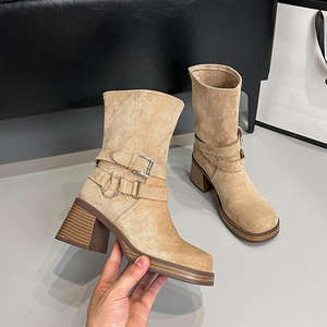Bottes courtes à bout carré en cuir véritable pour femmes 2026, à semelle épaisse, style décontracté, de créateur, pour l'extérieur, hauteur genou - Product Image 5