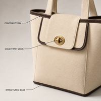 Sac fourre-tout structuré en toile 12 oz avec fermoir torsadé doré et bordure contrastante, sac à main pour femme avec base autoportante, vente en gros