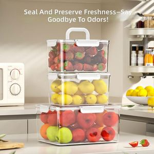 Food Grade Transparent sealed <b>Box</b> <b>Set</b> Portable Handle Draining Container Kitchen Fridge Food Organizer - Product Image 2