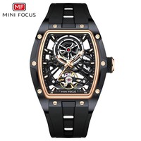 Montre automatique de luxe pour homme Mini Focus MF0603G avec bracelet en silicone lumineux à barillet creux, mouvement mécanique étanche