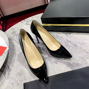 Chaussures en cuir véritable noir pour femmes, style de créateur de luxe. Chaussures habillées élégantes à semelle rouge, talons hauts pour femmes - Product Image 2