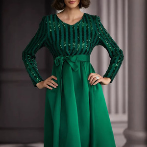 Vestido de noche largo verde con lentejuelas y cuello en V, con cinturón, de color sólido, para fiesta o banquete. - Product Image 3