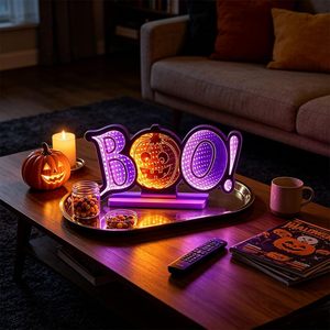 ไฟกลางคืนรูปฟักทอง Boo Pumpkin Infinity Mirror สำหรับตกแต่งฮาโลวีน วัสดุอะคริลิก ใช้พลังงานจากแบตเตอรี่ สีส้ม พิมพ์ลายตามสั่ง โปร่งใส - Product Image 6
