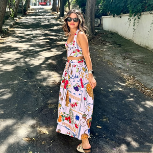Ensemble jupe midi et crop top dos nu bohème pour femme, imprimé floral, coupe classique, robe décontractée d'été en coton tissé respirant avec fente - Product Image 2