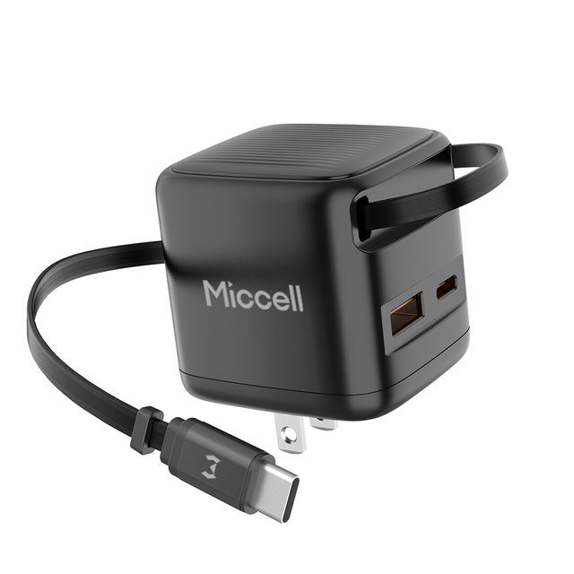 Cargador Miccell De 35 W GaN Con Cable Retractil Integrado Y dos Puertos, Ideal Para Viaje, Oficina Y Hogar.