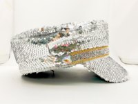 Chapeaux de fête de luxe pour femmes, style chapeau de capitaine, avec paillettes argentées, bordure dorée et strass, personnalisables, vente en gros, MOQ 3