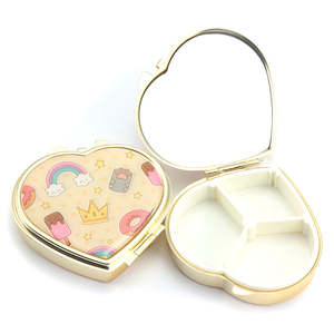 <b>Heart</b> Compact Pill <b>Box</b> with HD Glass Mirror Gold Electroplated Metal 3 Compartment Travel Pill Case Jewelry Storage Container - Product Image 2