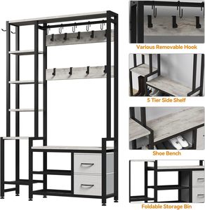 Mueble de recibidor rústico <span class=keywords><strong>blanco</strong></span> con estantes, banco para entrada con almacenamiento de zapatos y <span class=keywords><strong>perchero</strong></span> grande - Product Image 3