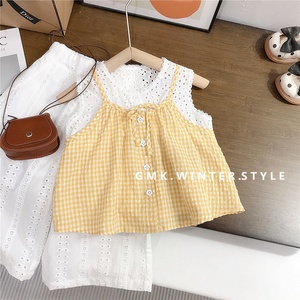 Ensemble de vêtements d'été pour filles, haut en <span class=keywords><strong>tissu</strong></span> doux et agréable pour la peau, à carreaux jaunes, avec short à œillets blancs - Product Image 3