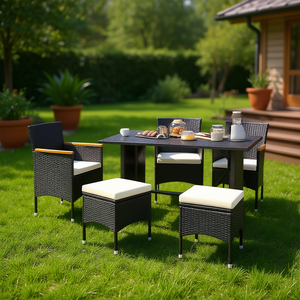 Ensemble de meubles de jardin en rotin, 4 places, design contemporain, structure noire avec coussins crème, pour terrasse - Product Image 2