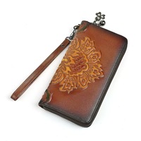 Dompet Wanita Vintage dengan Resleting, Kulit Sapi Asli, Tempat Kartu dan Ponsel, Lapisan Poliester
