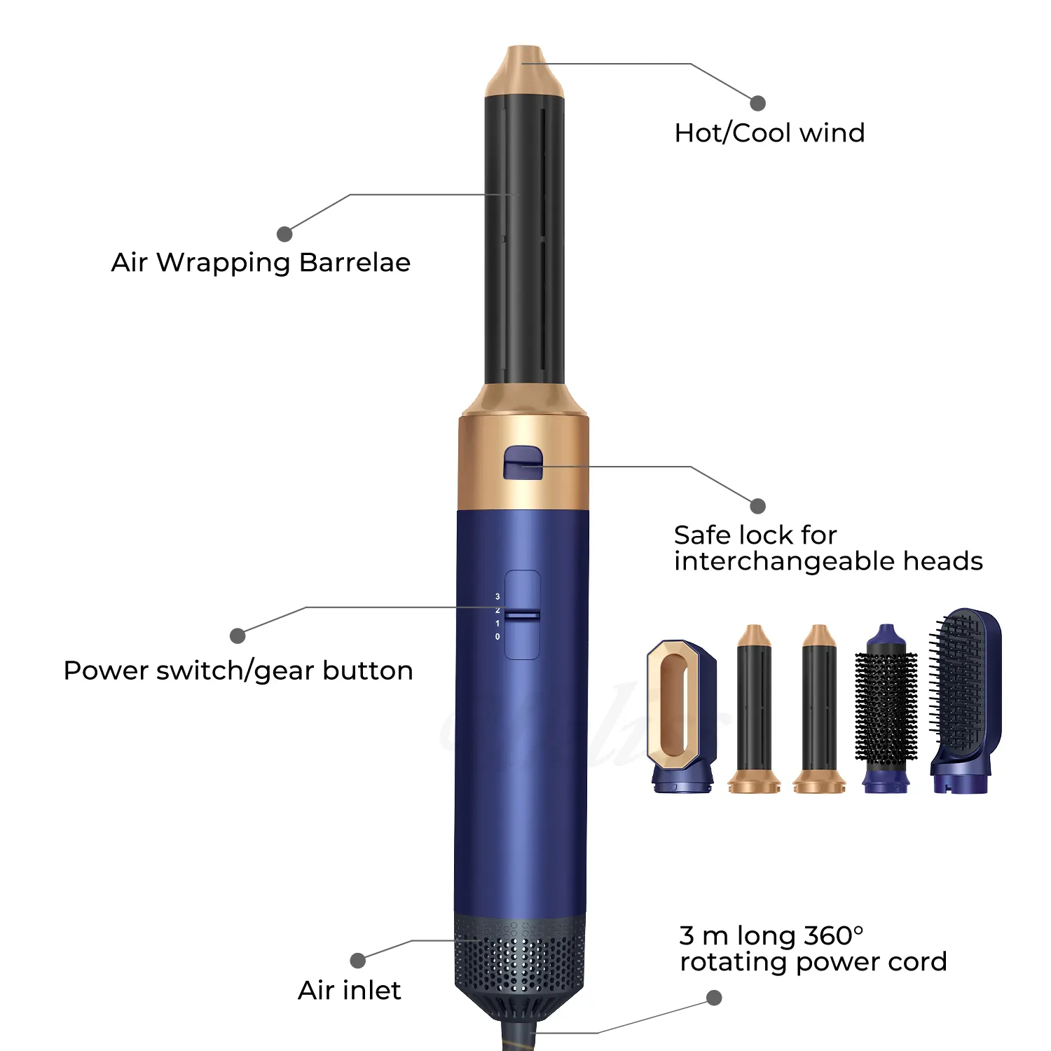 5 In 1 Air Curling Reißguss abnehmbar austauschbar multifunktional elektrische Heißluftbürste Haarstifter Lockenbürste