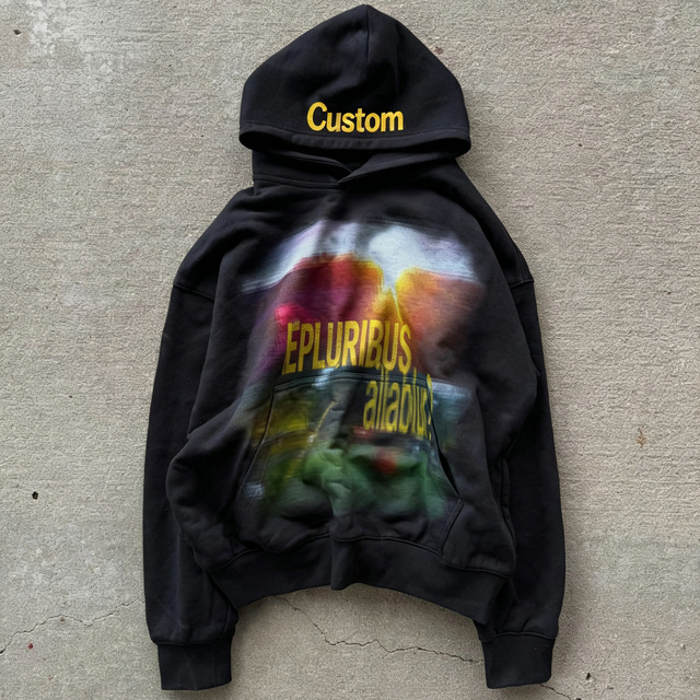 Vintage Y2K Men Black Distorted Print Hooded Sweatshirt Custom Yellow Embroidery Graphic Kangaroo Pocket Heavy Cotton Streetwear