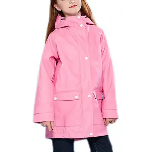 Custom Waterproof PU Jacket Girls Raincoat Boys Long Rain Jacket Hooded Lined Rubber Rainwear for kids