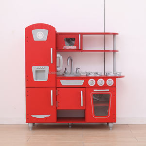 Cuisine en bois rouge classique vintage pour enfants avec machine à glaçons, téléphone, robinet, évier, brûleur et four - Product Image 3