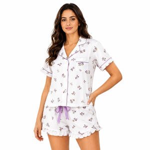 Conjunto de Pijama de Satén con Estampado Floral Personalizado para Mujer, Manga Corta, Botones, Dos Piezas, Ropa de Dormir, Ropa de Casa de Verano, Satén de Seda Suave - Product Image 3