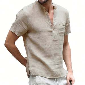 Summer <b>Men</b> 100%<b>Linen</b> <b>Short</b>-<b>Sleeved</b> <b>Shirt</b> Casual Wear Blank Vintage Button V-Neck <b>Shirt</b> <b>Men</b> 100%<b>Linen</b> <b>Short</b>-<b>Sleeved</b> <b>Shirt</b> - Product Image 3