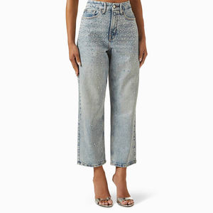 Jean en denim délavé bleu clair pour femme, coupe décontractée à jambe large, orné de strass et de sequins <span class=keywords><strong>argent</strong></span>és, lavable, avec rivets – Grande Vente - Product Image 1