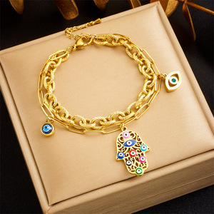 Gold Plated Hamsa Hand Necklace With Evil Eye Pendant Stainless Steel Chain Unisex Jewelry Gift Set - Product Image 1